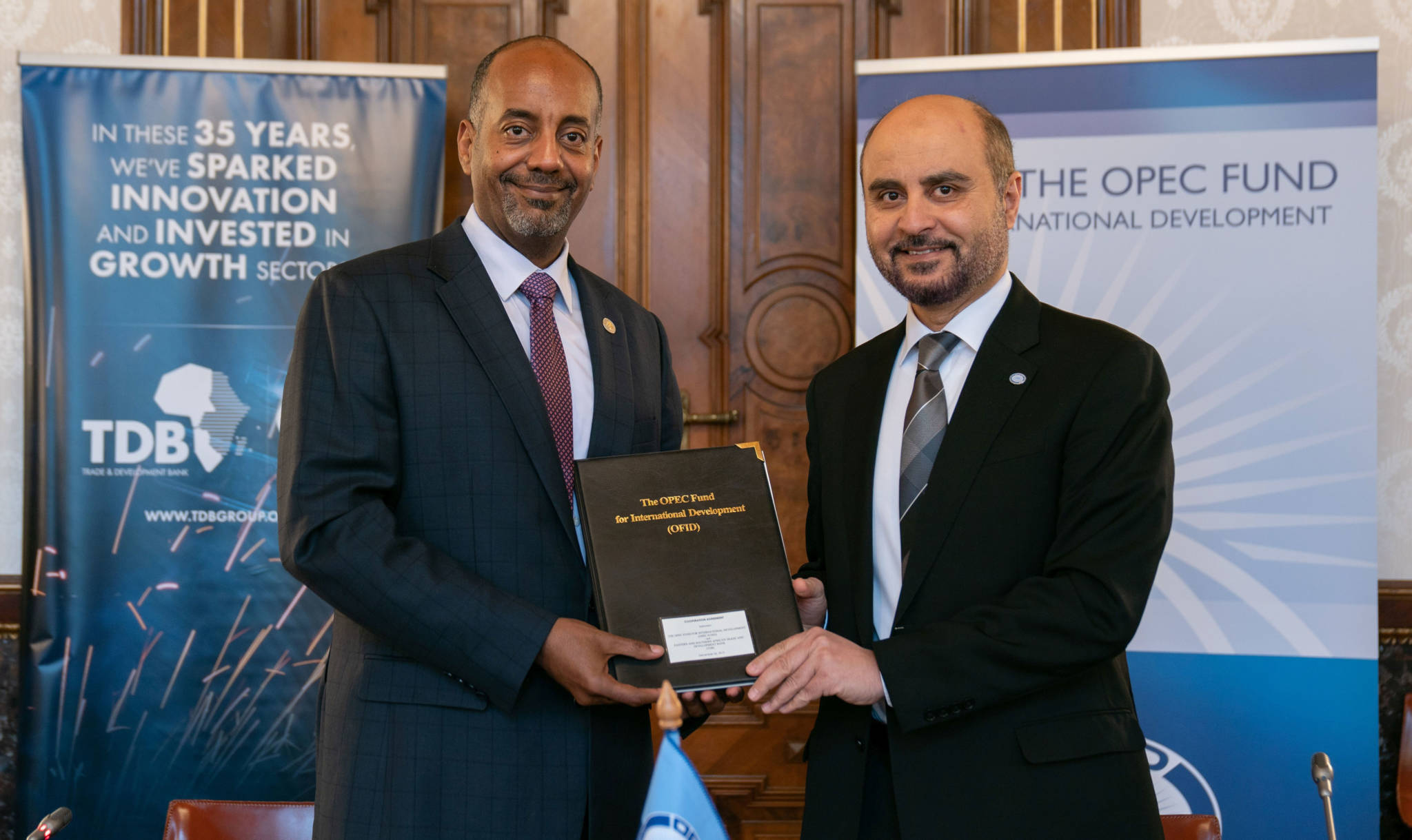 OPEC Fund Director-General Dr Abdulhamid Alkhalifa (right) and TDB President and Chief Executive Admassu Tadesse signed a cooperation agreement to strengthen private sector development across Africa.