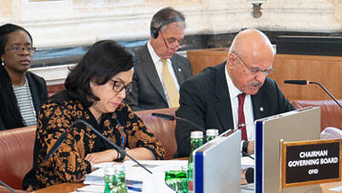 OFID Director-General Suleiman J Al-Herbish delivers his speech at the 39th Session of OFID's Ministerial Council. On the left is newly-elected Chairperson HE Sri Mulyani Indrawati, Indonesian Minister of Finance.